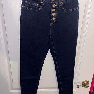 Stylish High-Waisted Dark Denim Jeans with Gold Buttons
